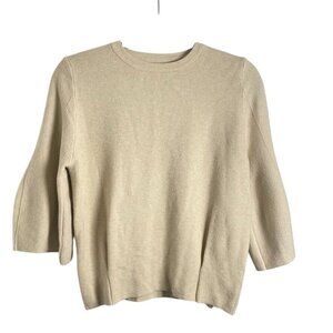 Structured Pin Tuck Sweater Beige Size Small 3/4 Bell Sleeves Round Neckline